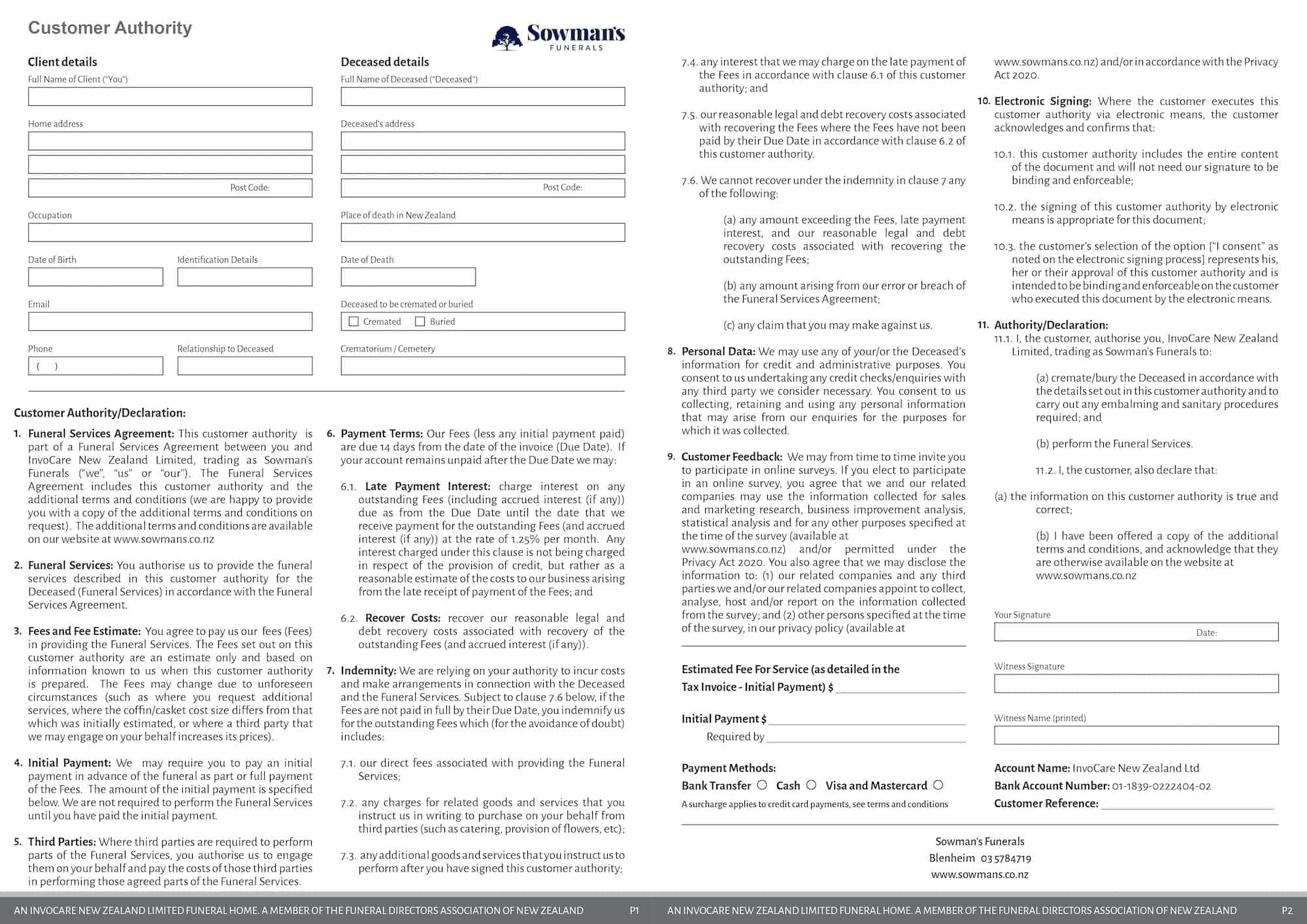 Sowman's Funerals Customer Authority Form